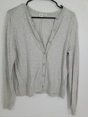 GAP Heather Light Gray Button-Up Cardigan With Latice Detail Size Large